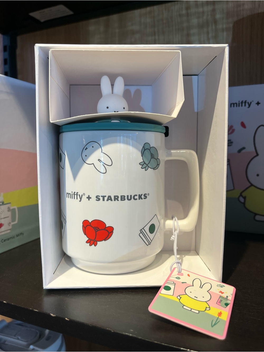 Starbucks x Miffy White Ceramic Mug with Teal Lid and Red Floral Design
